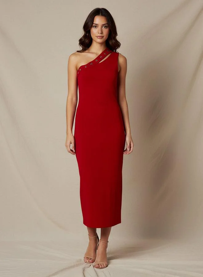 2Xtremz 2Xtremz One Shoulder Midi Bodycon Dress with Rivet Detail